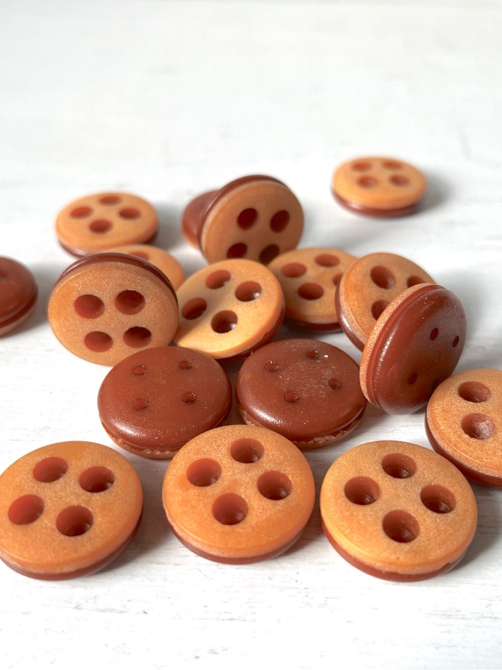17 Unusual Vintage Sanded Round Plastic 4 hole Buttons w Groove Pumpkin Orange